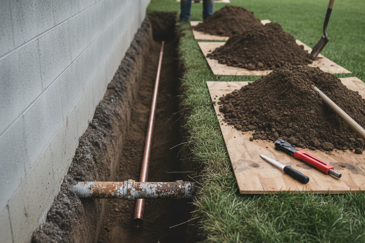 Excavated water line trench during Water Heater Repair in South Solon